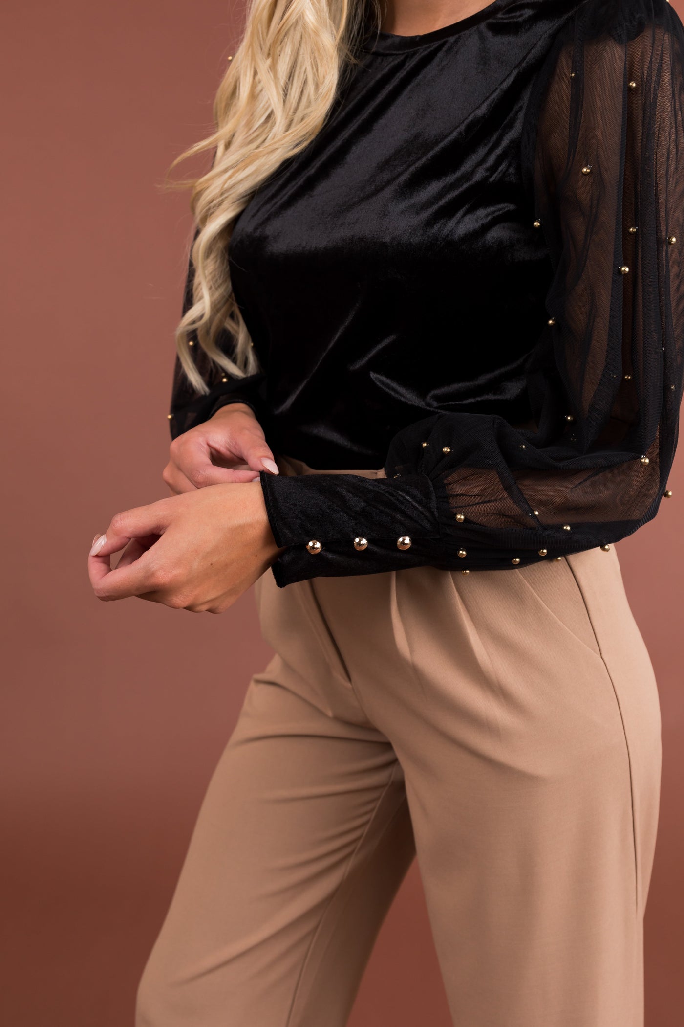 Black Velvet Blouse with Studded Mesh Sleeves