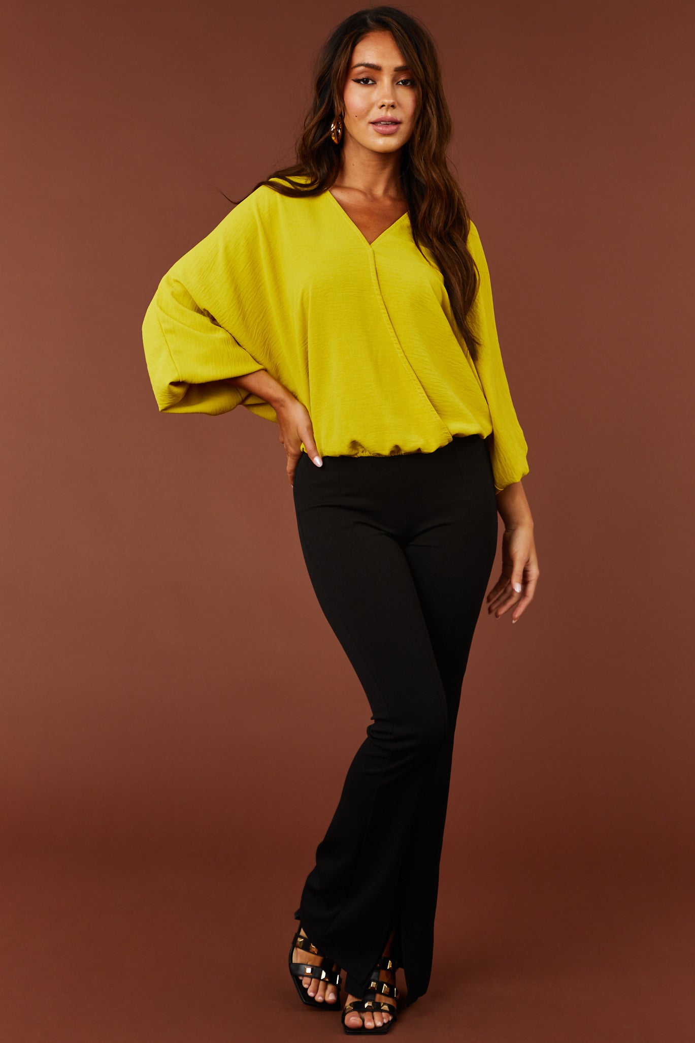 Black Vertical Seam Slit Flare Elastic Pants