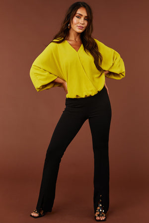 Black Vertical Seam Slit Flare Elastic Pants