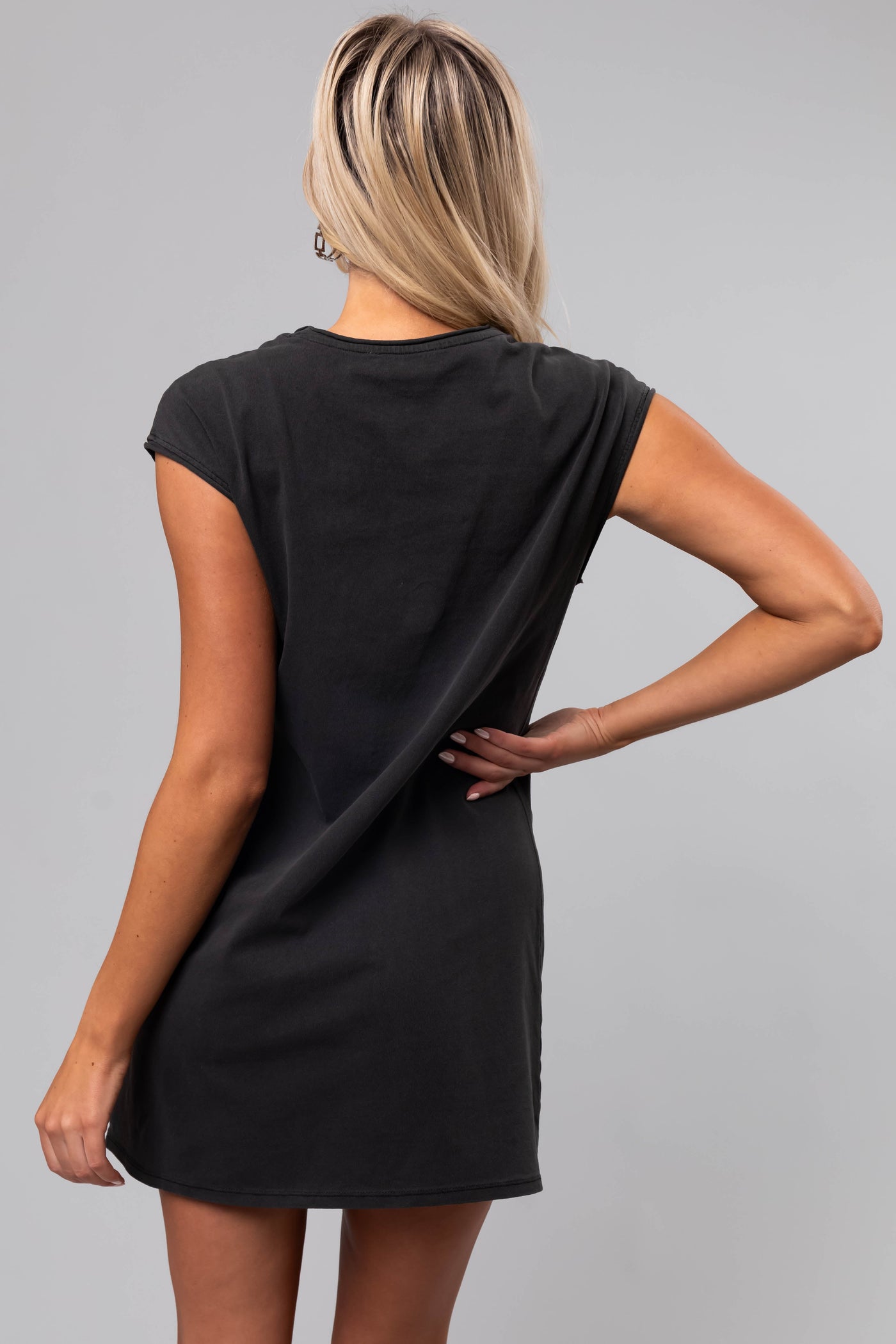 Black Washed Cap Sleeve Cotton Shift Dress