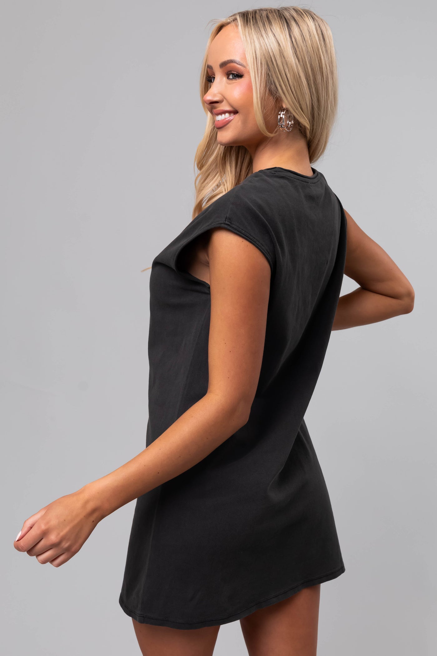 Black Washed Cap Sleeve Cotton Shift Dress
