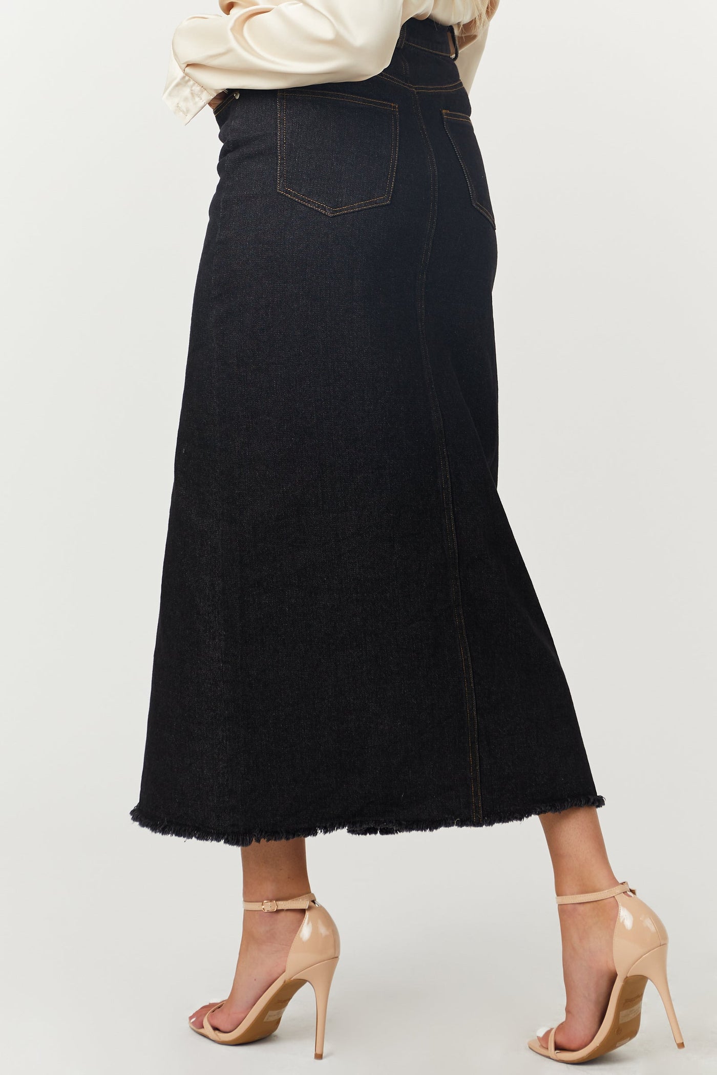 Black Washed Denim Front Slit Frayed Maxi Skirt