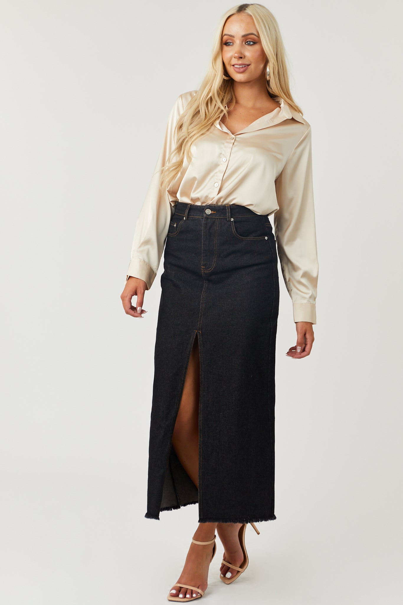 Black Washed Denim Front Slit Frayed Maxi Skirt