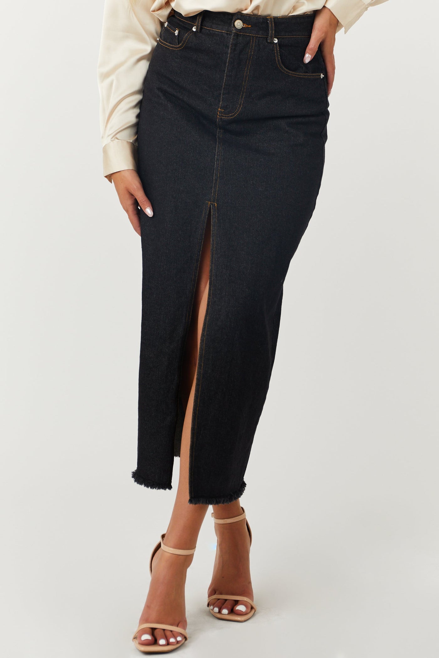 Black Washed Denim Front Slit Frayed Maxi Skirt