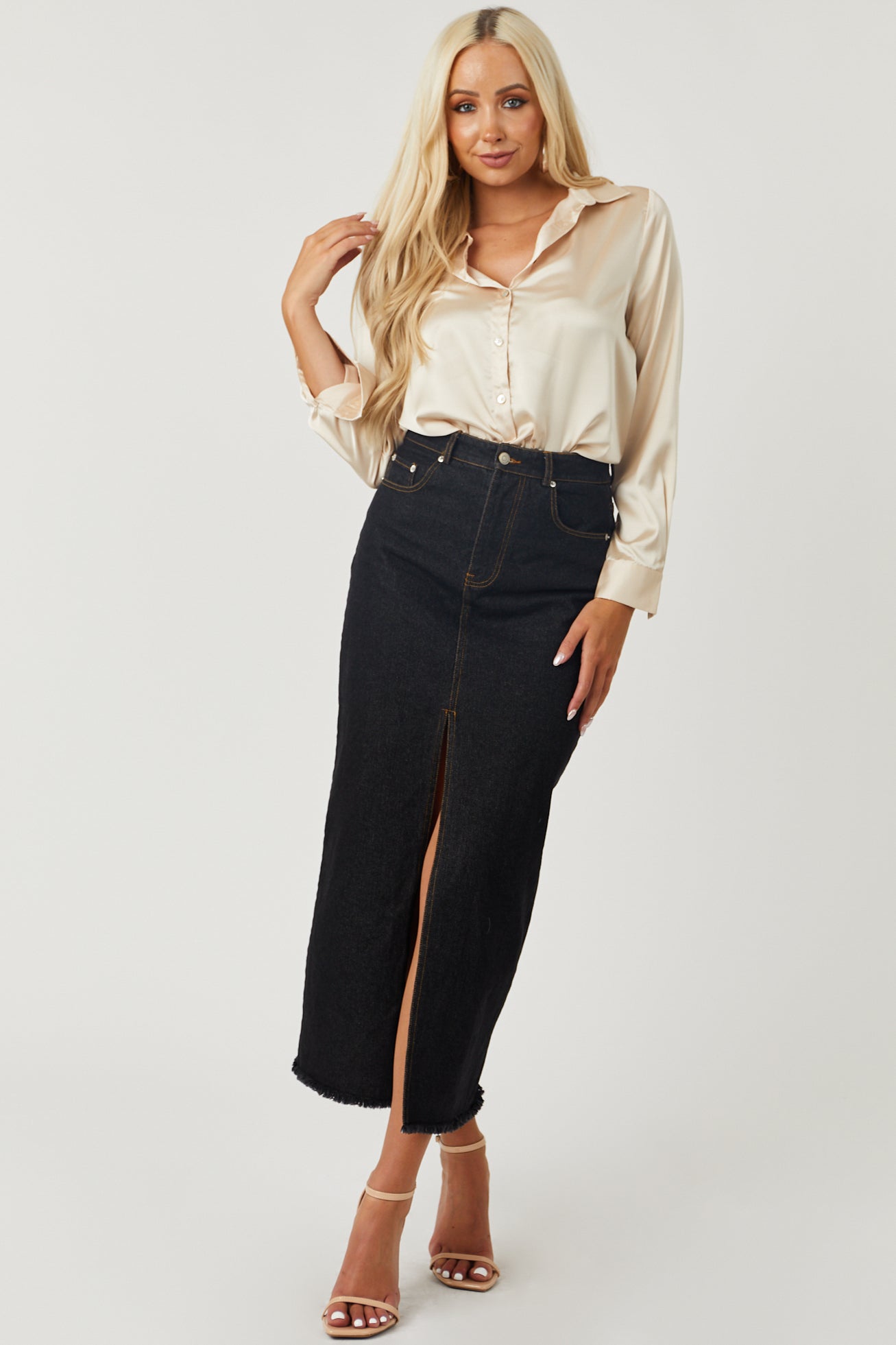 Black Washed Denim Front Slit Frayed Maxi Skirt
