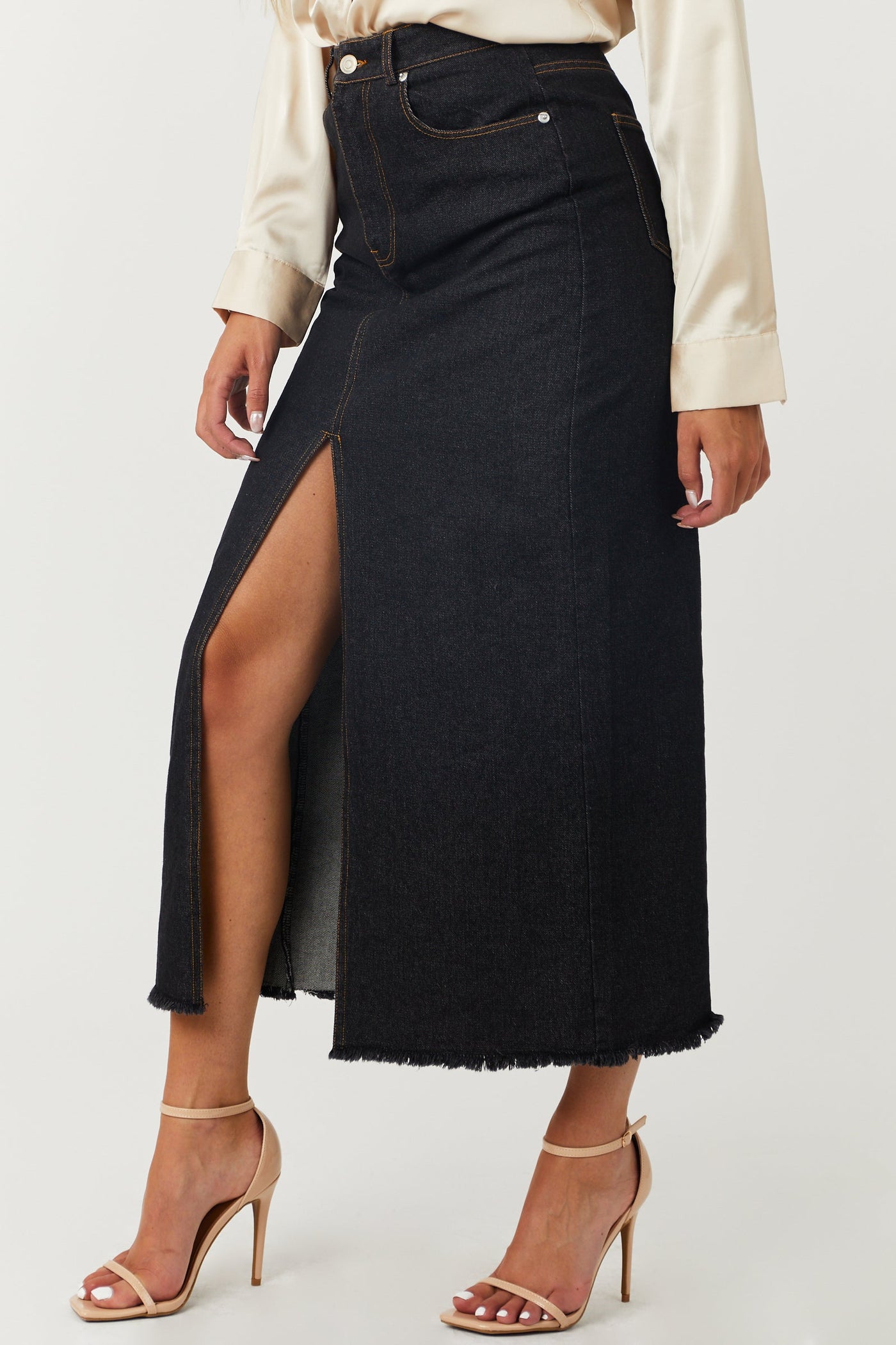 Black Washed Denim Front Slit Frayed Maxi Skirt