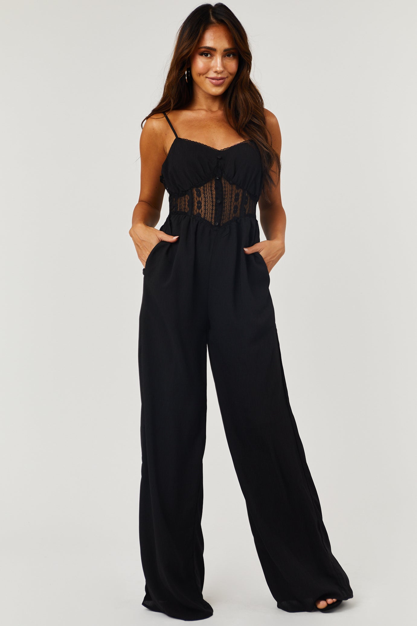 Black Wide Leg Jumpsuit with Sheer Lace Waist