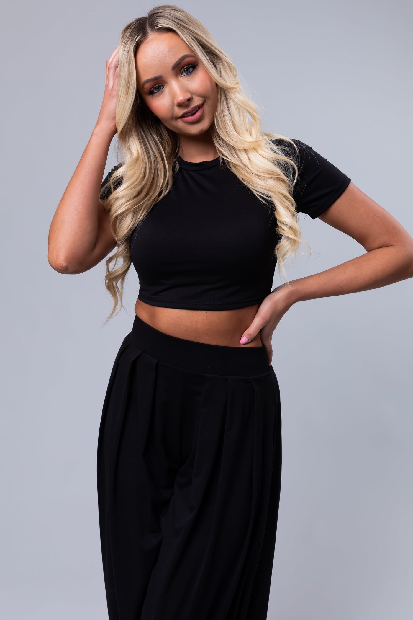 Black Wide Leg Pants with Crop Top Set