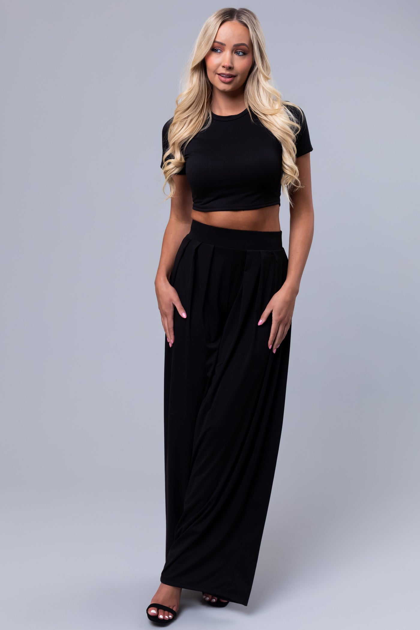 Black Wide Leg Pants with Crop Top Set