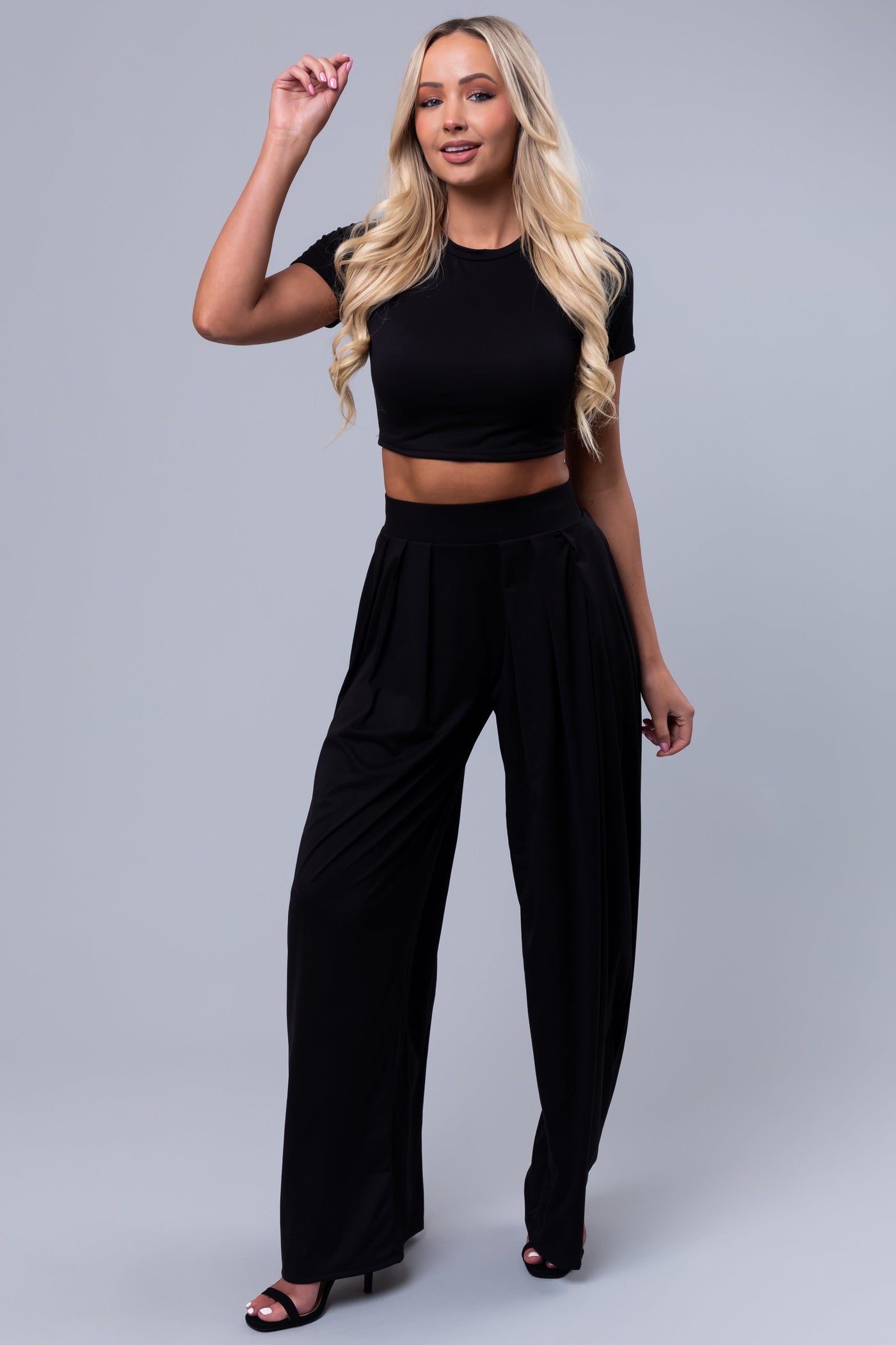 Black Wide Leg Pants with Crop Top Set
