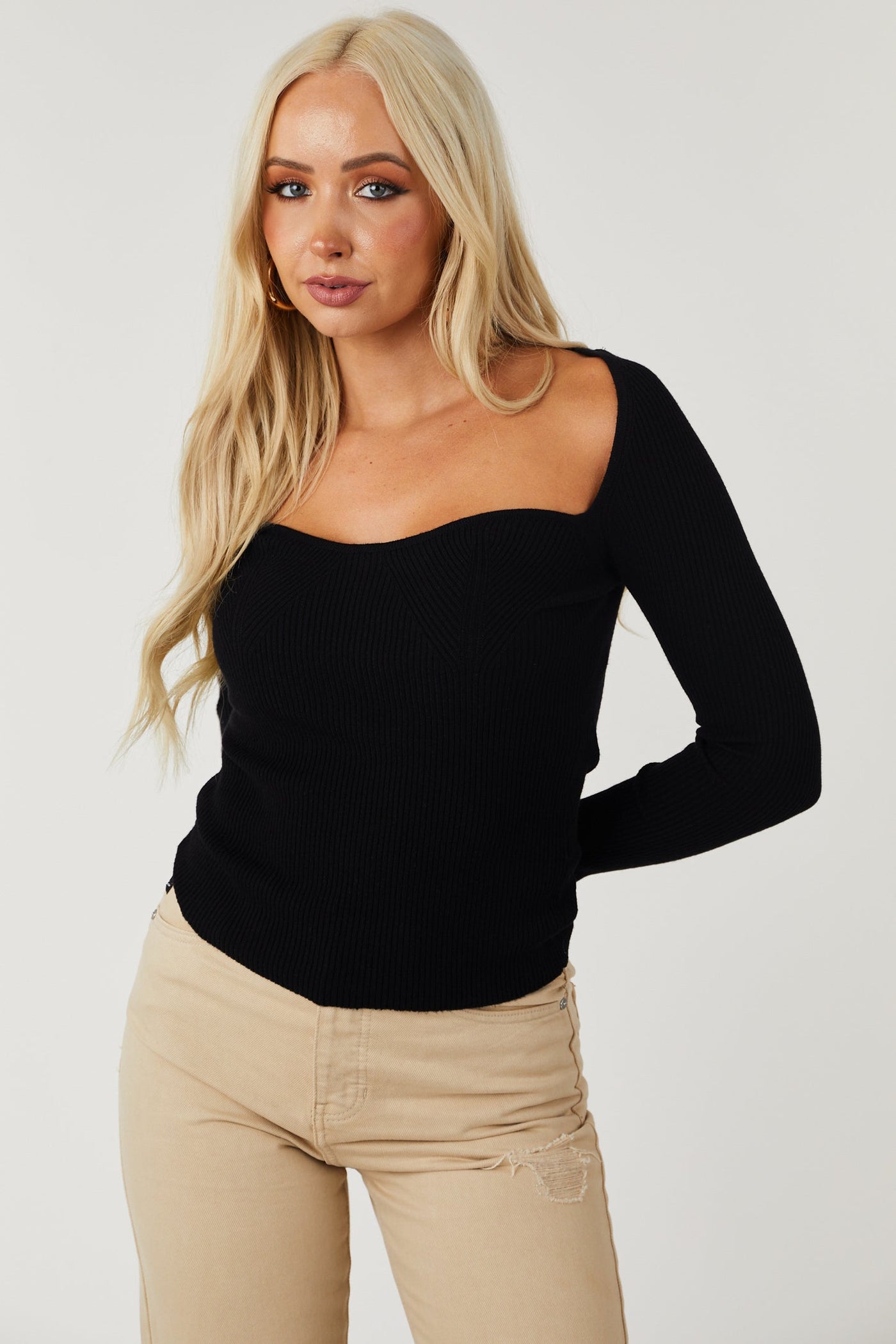 Black Wide Sweetheart Neck Ribbed Knit Top