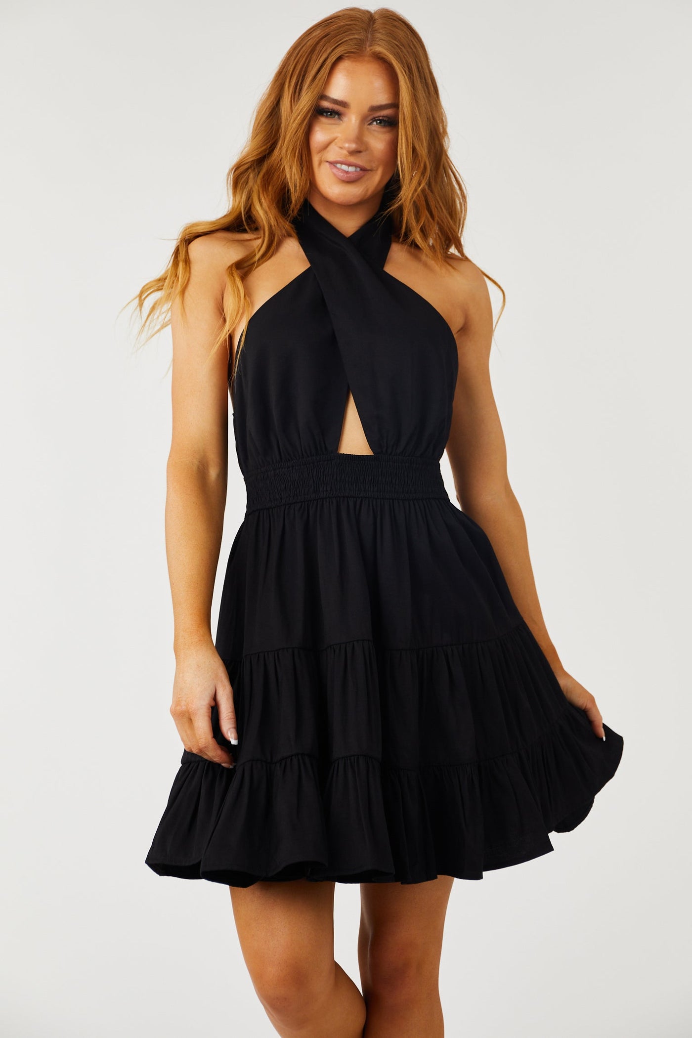Black Wrapped Halter Neck Tiered Mini Dress