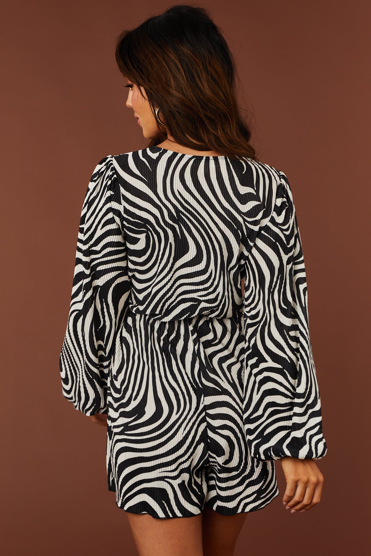 Black Zebra Bubble Sleeve Satin Plisse Romper