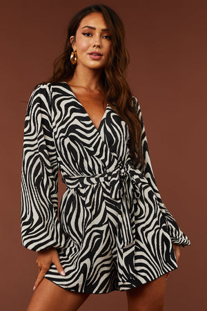 Black Zebra Bubble Sleeve Satin Plisse Romper