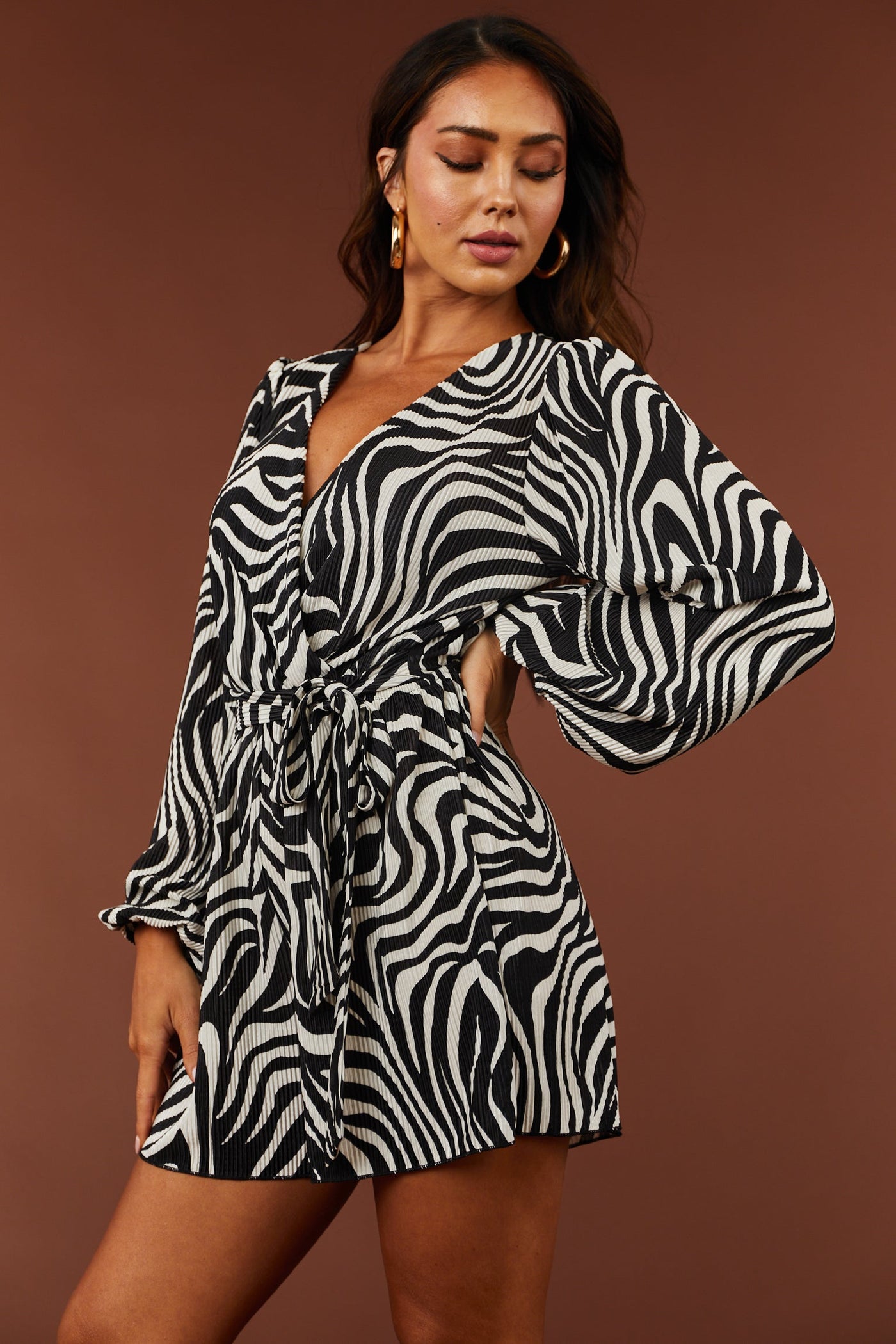 Black Zebra Bubble Sleeve Satin Plisse Romper