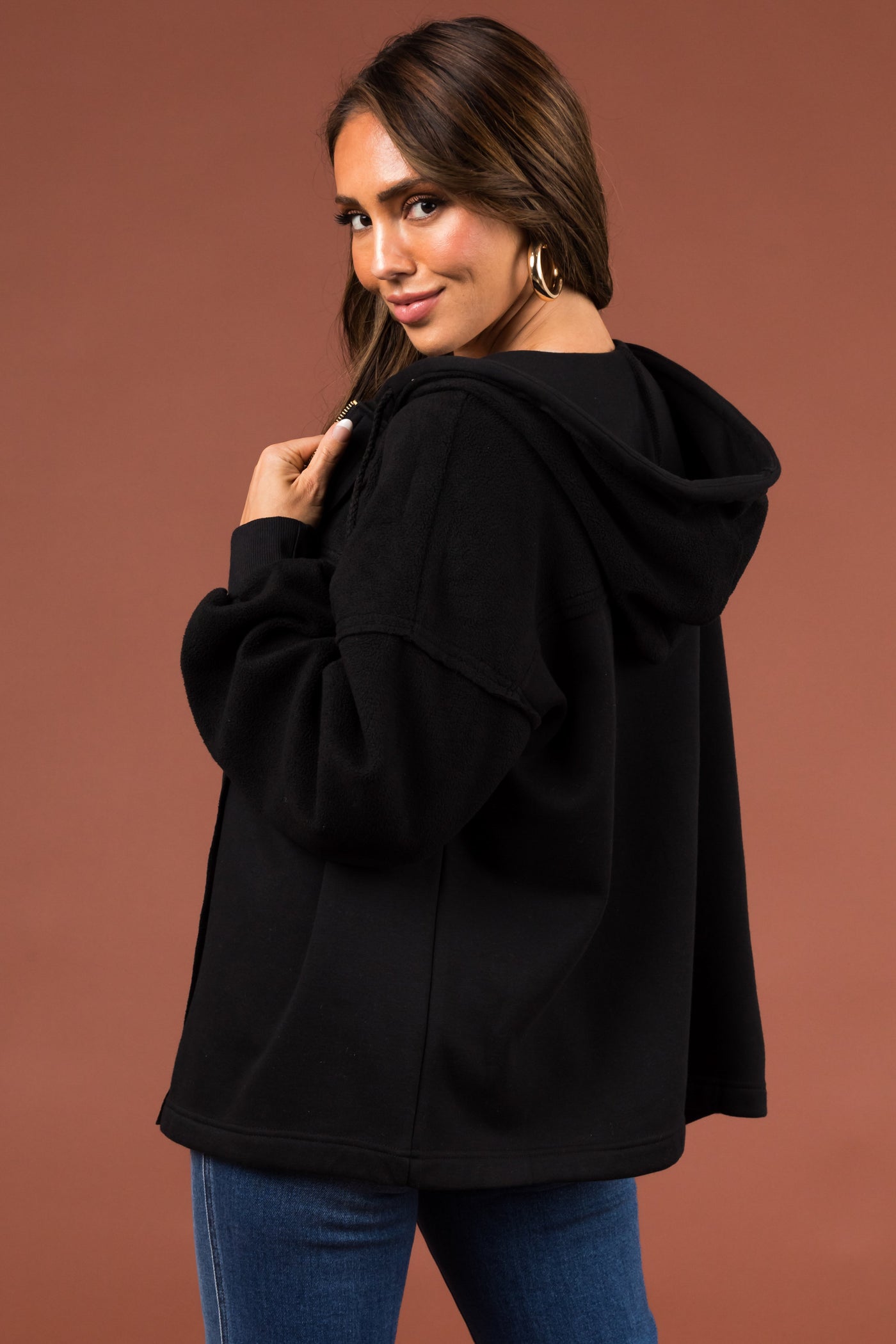 Black Zip Up Hooded Long Sleeve Jacket