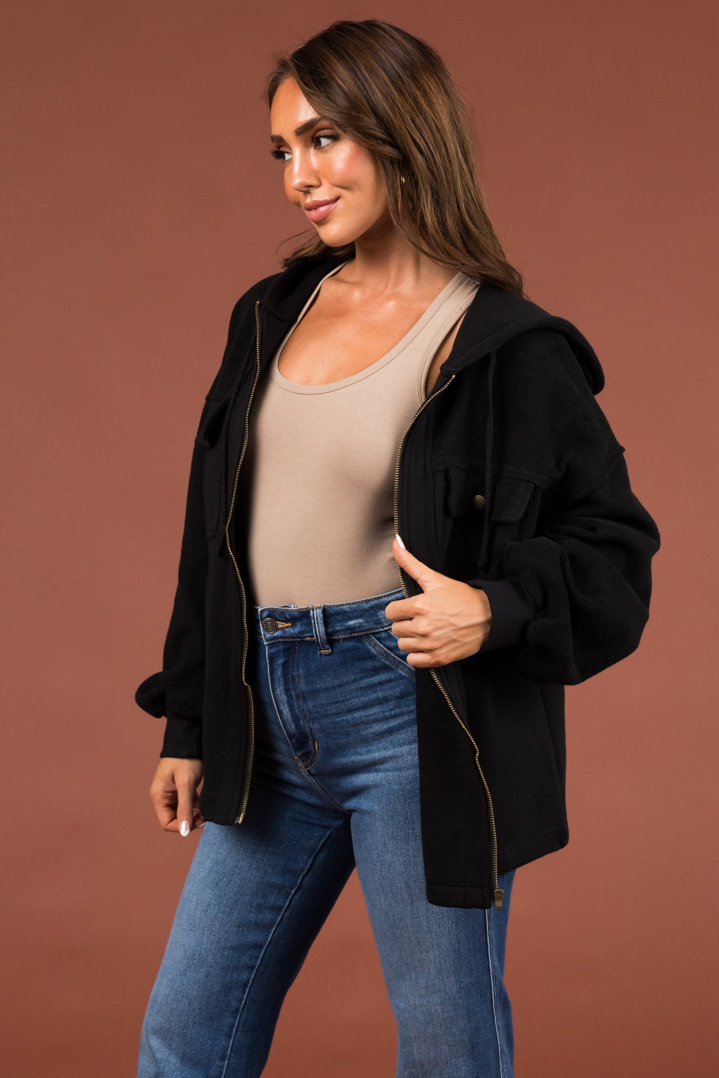 Black Zip Up Hooded Long Sleeve Jacket
