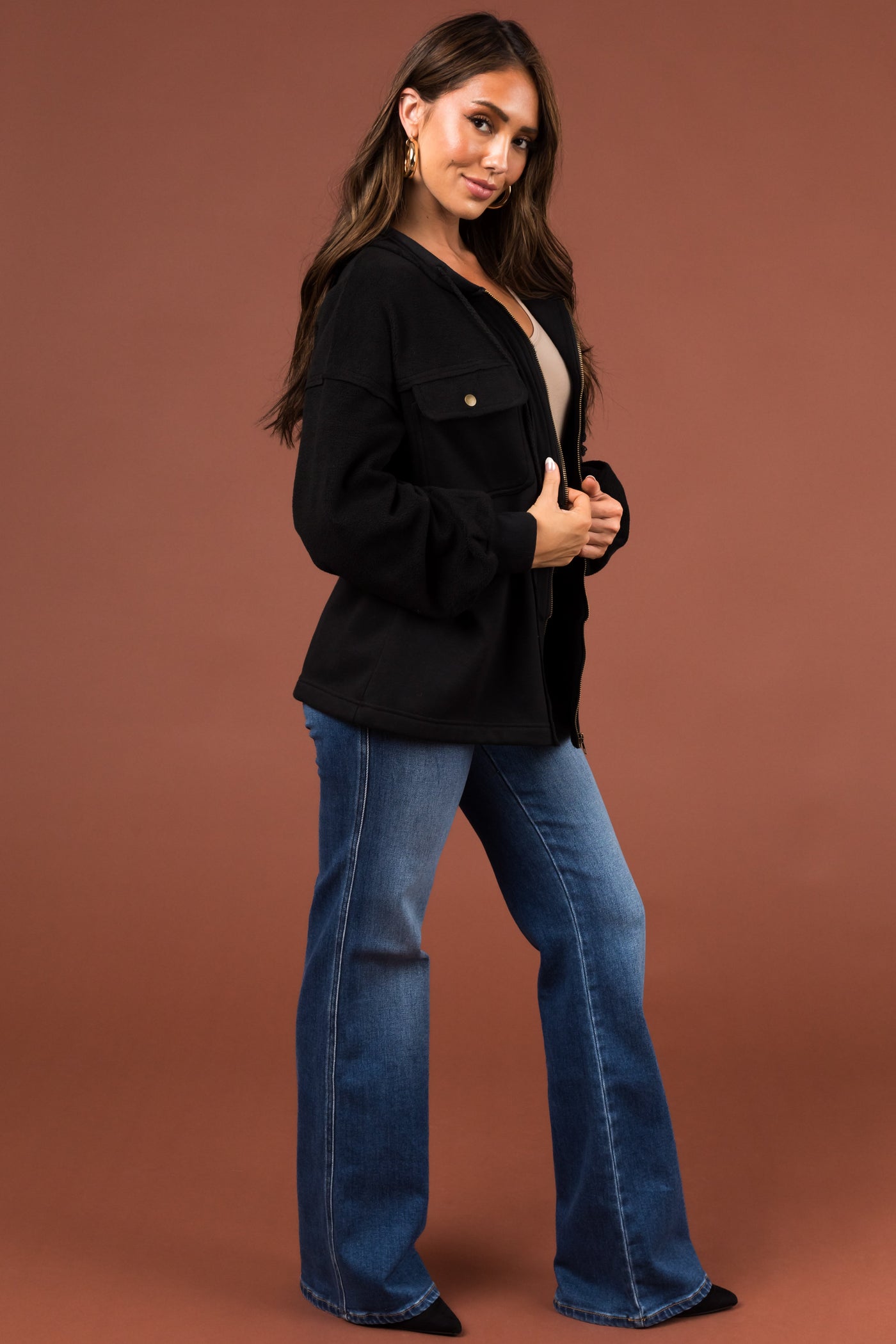 Black Zip Up Hooded Long Sleeve Jacket