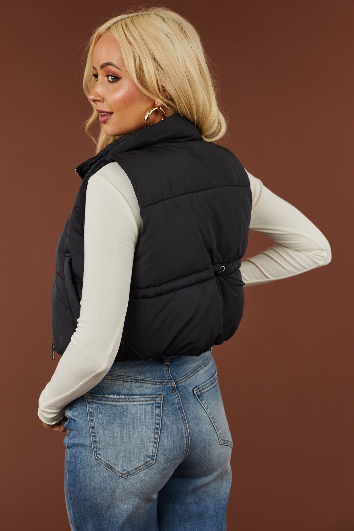 Black Zip Up Puffer Crop Vest with Pockets
