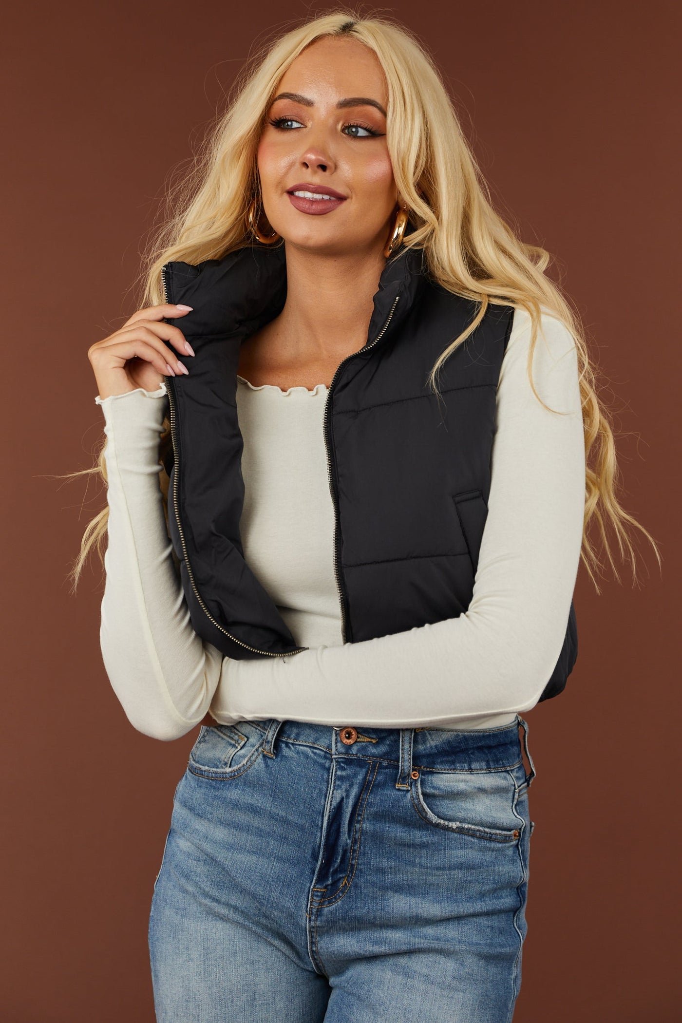 Black Zip Up Puffer Crop Vest with Pockets
