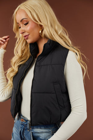Black Zip Up Puffer Crop Vest with Pockets