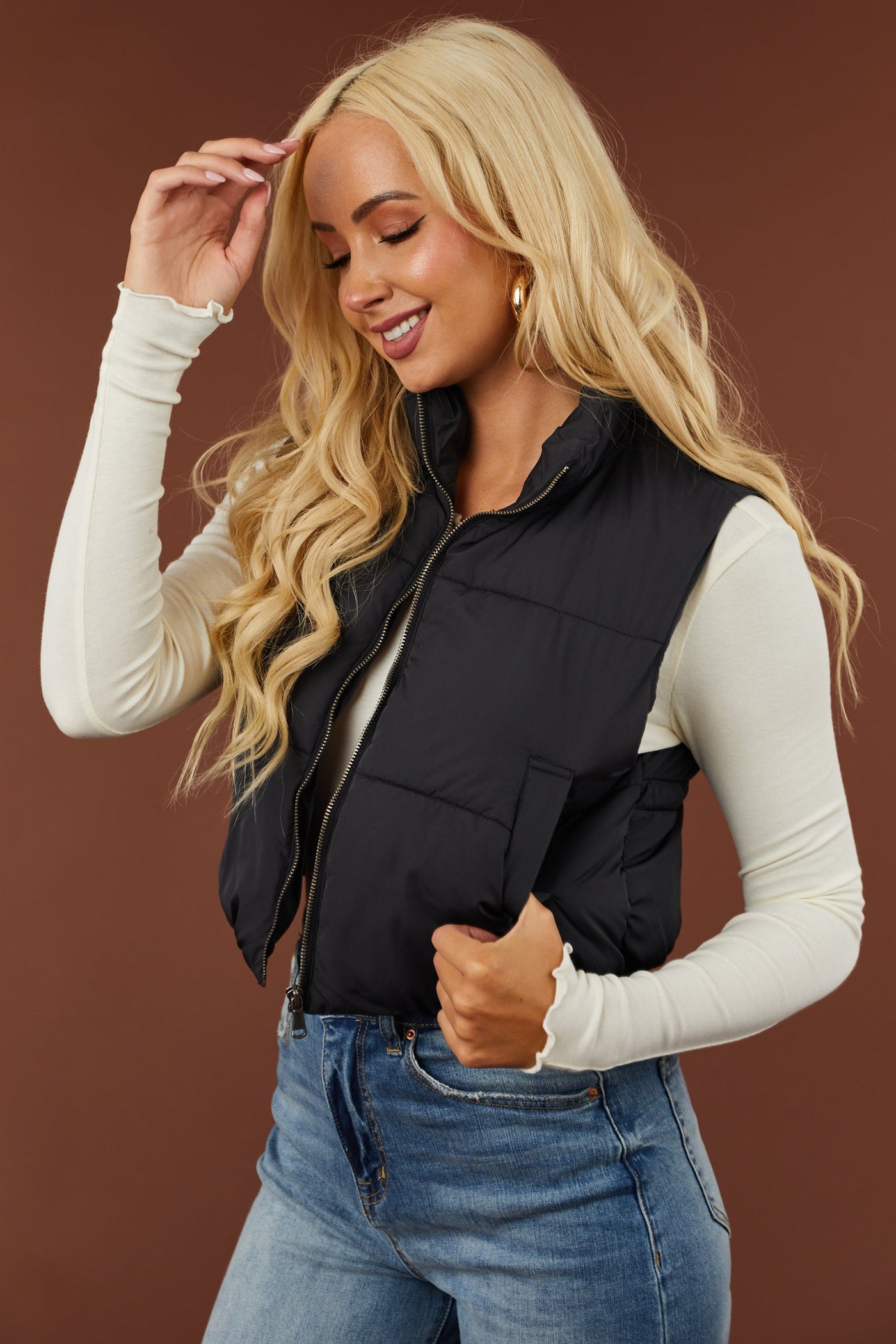 Black Zip Up Puffer Crop Vest with Pockets