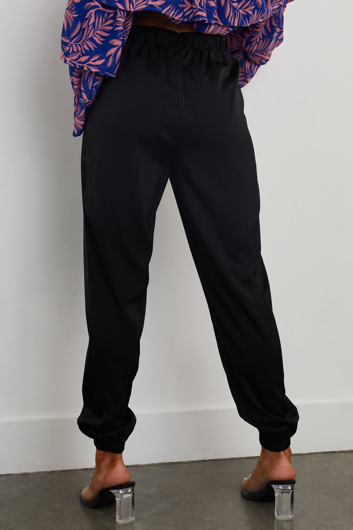 Black Zipper Fly Satin Jogger Pants with Pockets