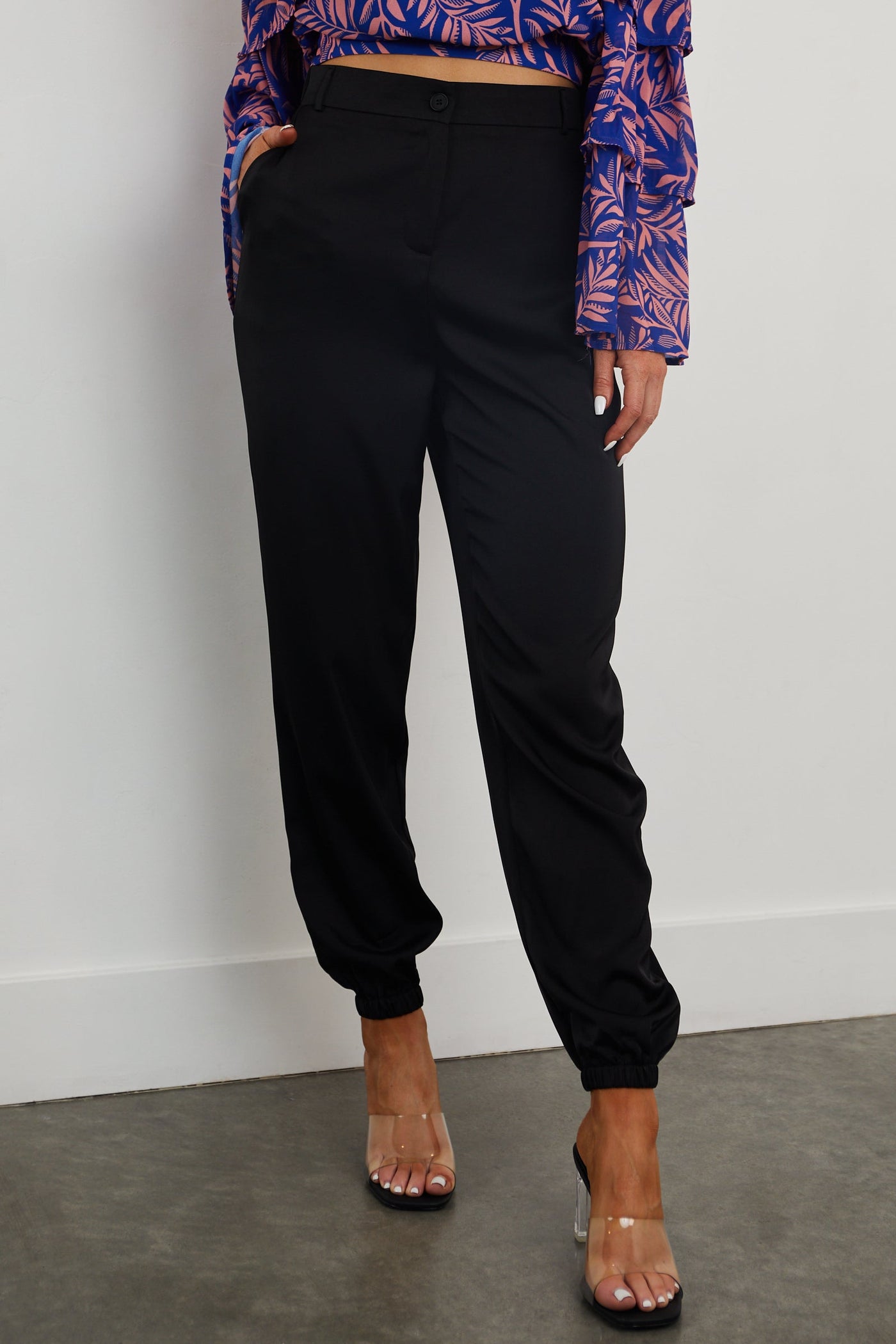 Black Zipper Fly Satin Jogger Pants with Pockets