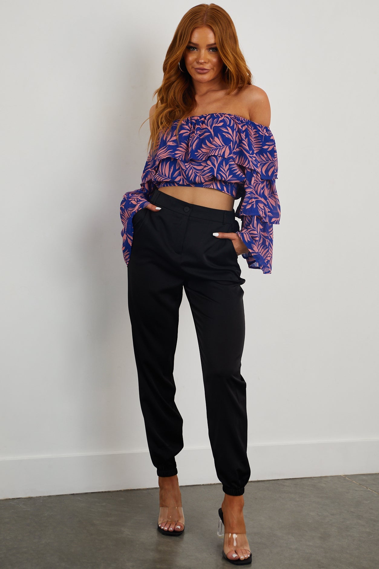 Black Zipper Fly Satin Jogger Pants with Pockets