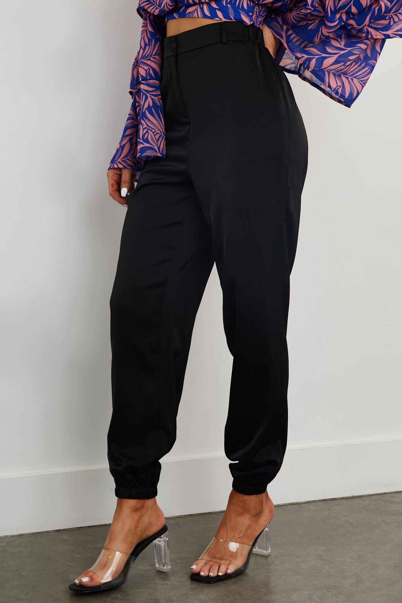 Black Zipper Fly Satin Jogger Pants with Pockets