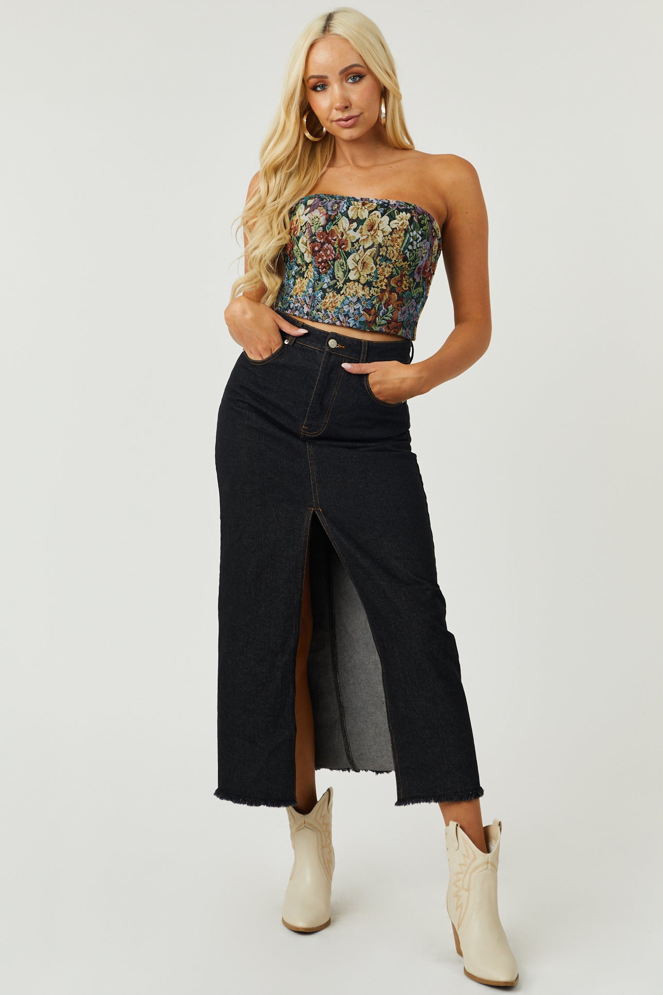 Black and Buttercup Floral Lace Up Corset Top