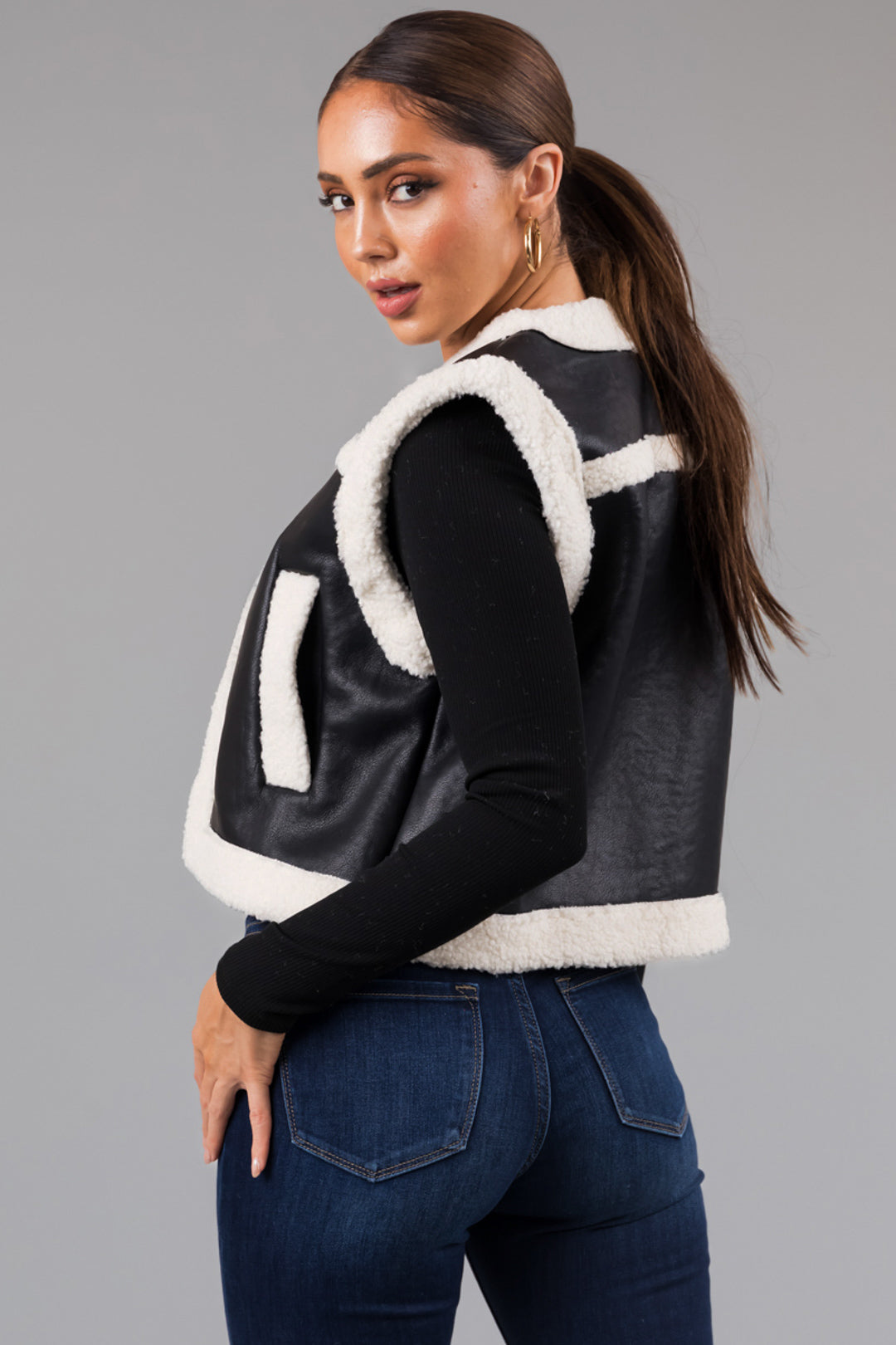 Black and Ivory Faux Leather and Sherpa Vest