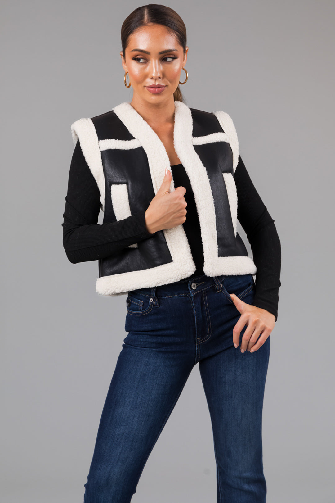 Black and Ivory Faux Leather and Sherpa Vest