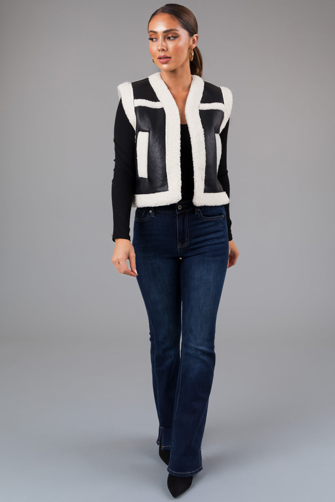 Black and Ivory Faux Leather and Sherpa Vest