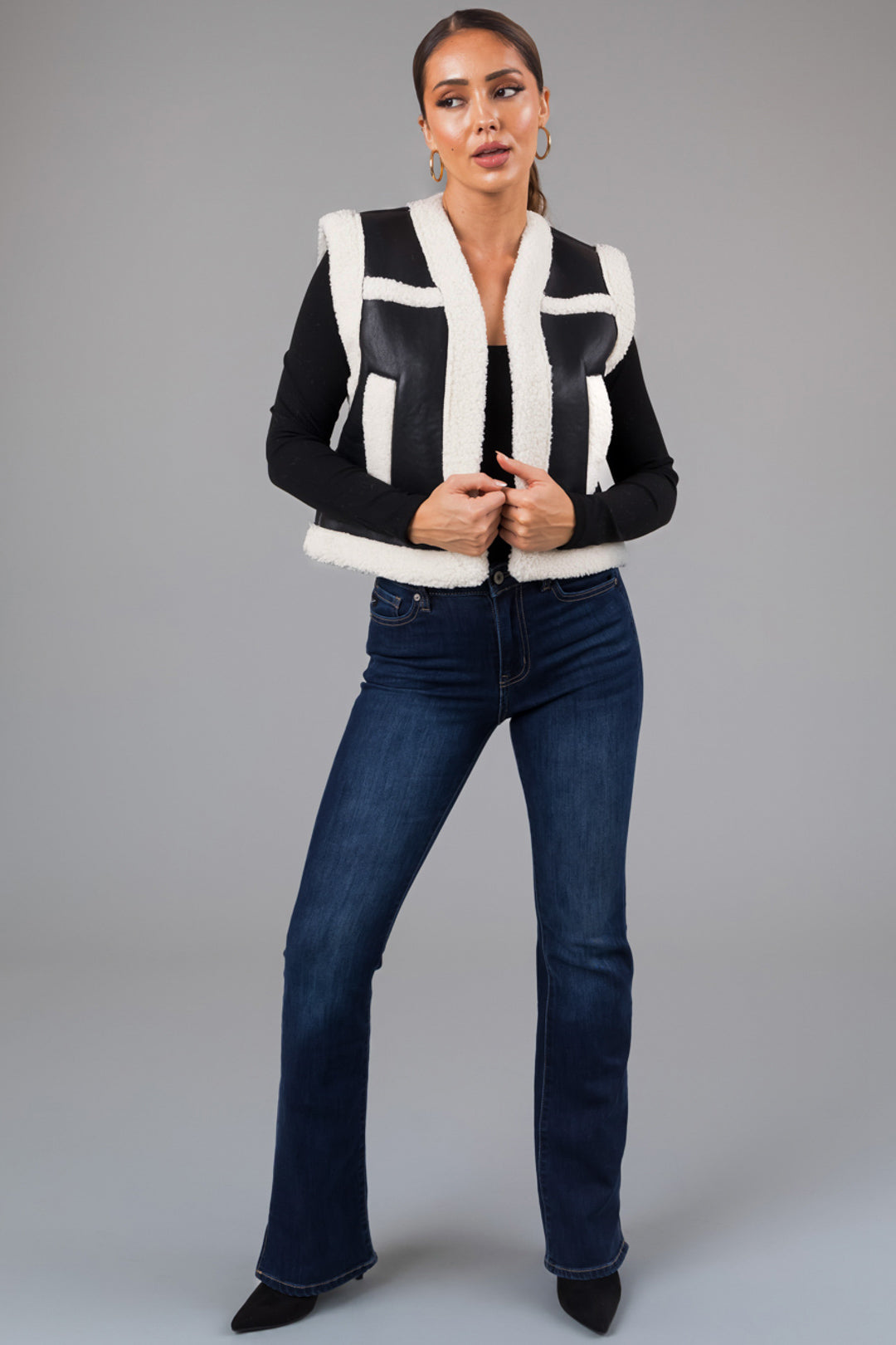 Black and Ivory Faux Leather and Sherpa Vest