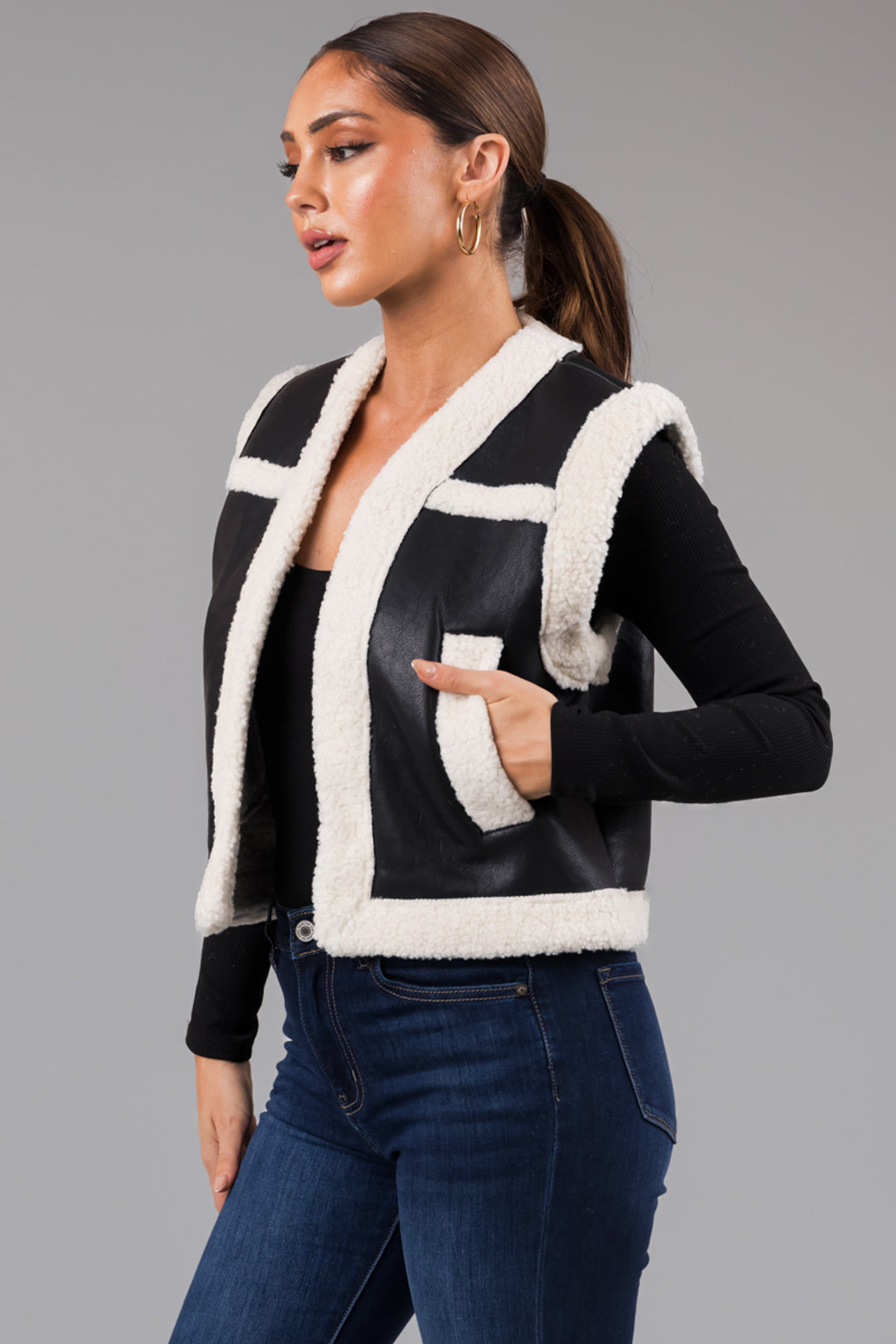 Black and Ivory Faux Leather and Sherpa Vest