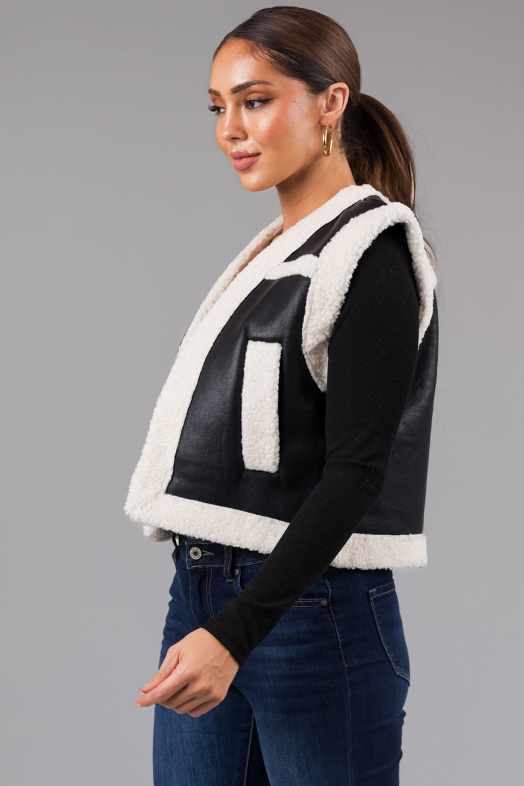 Black and Ivory Faux Leather and Sherpa Vest
