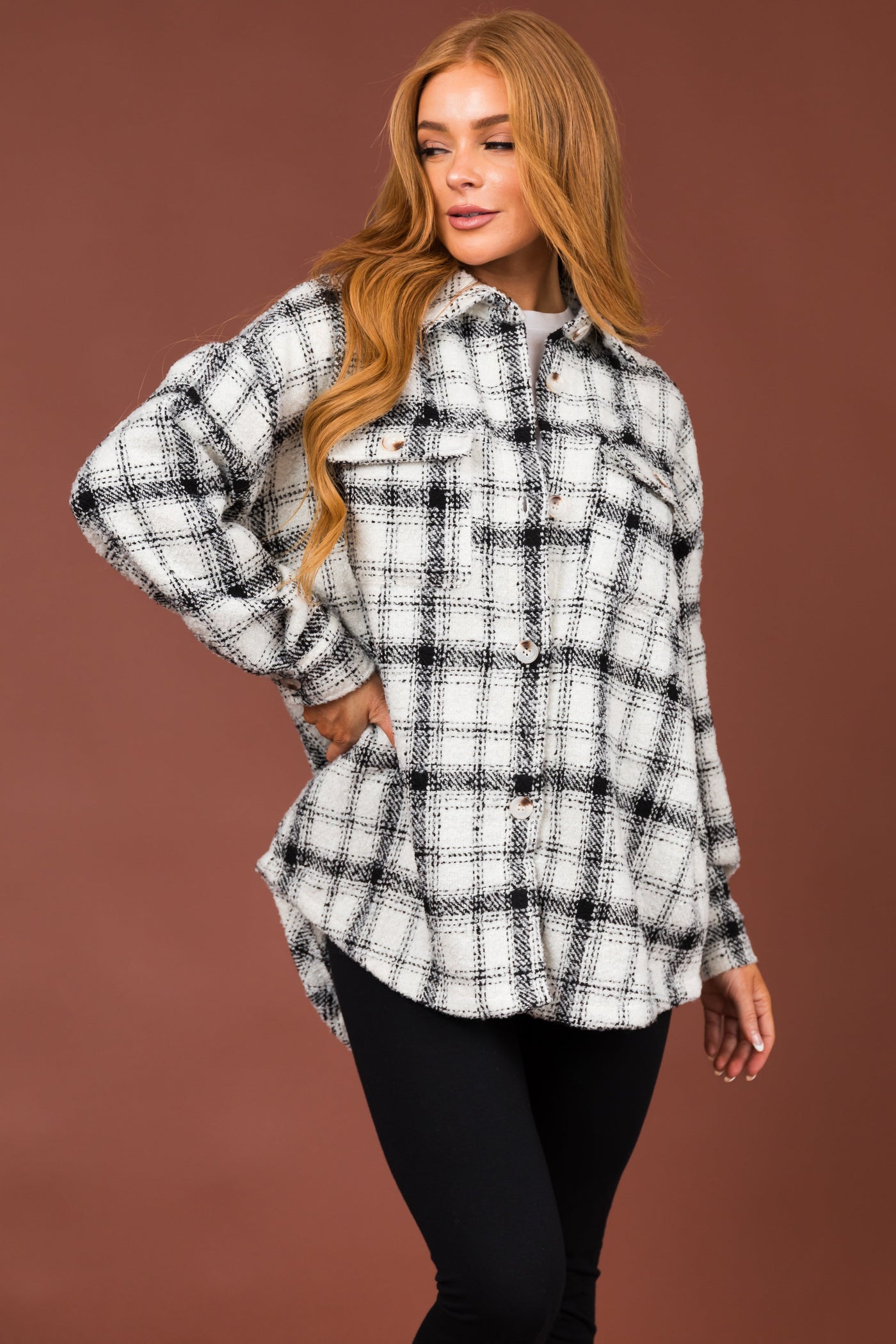 Black and Ivory Plaid Button Up Shacket