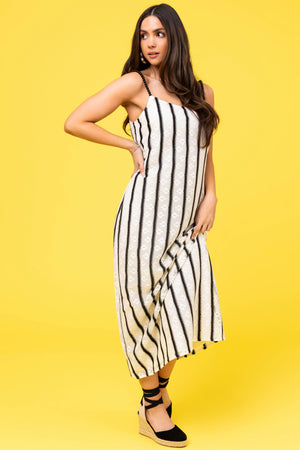 Black and Ivory Striped Bead Strap Maxi Dress