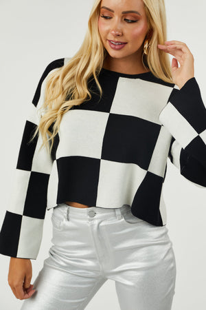 Black and Off White Checkered Cropped Sweater