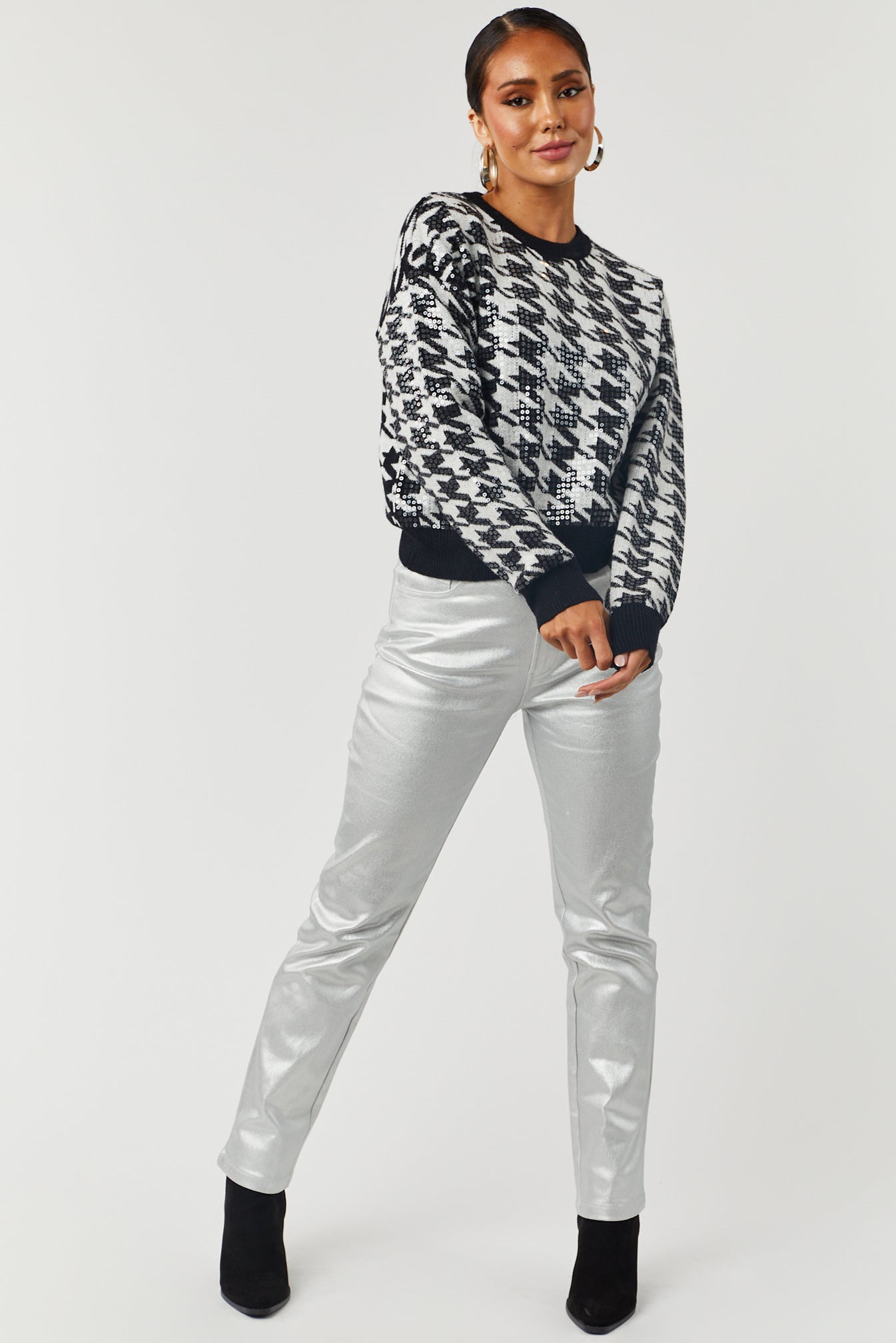 Black and Off White Sequin Houndstooth Sweater