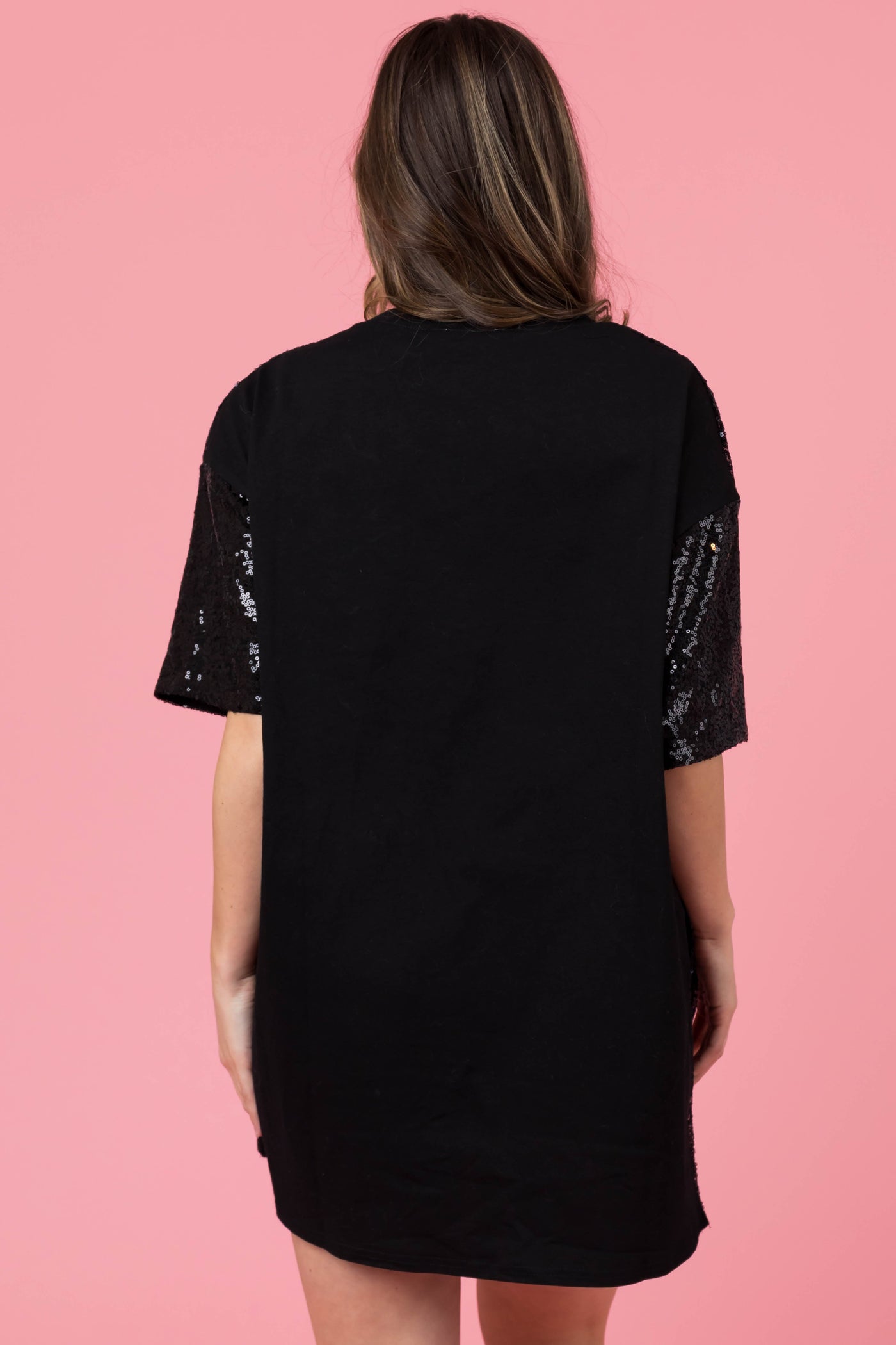 Black and Pink Heart Sequined Tee Shirt Dress