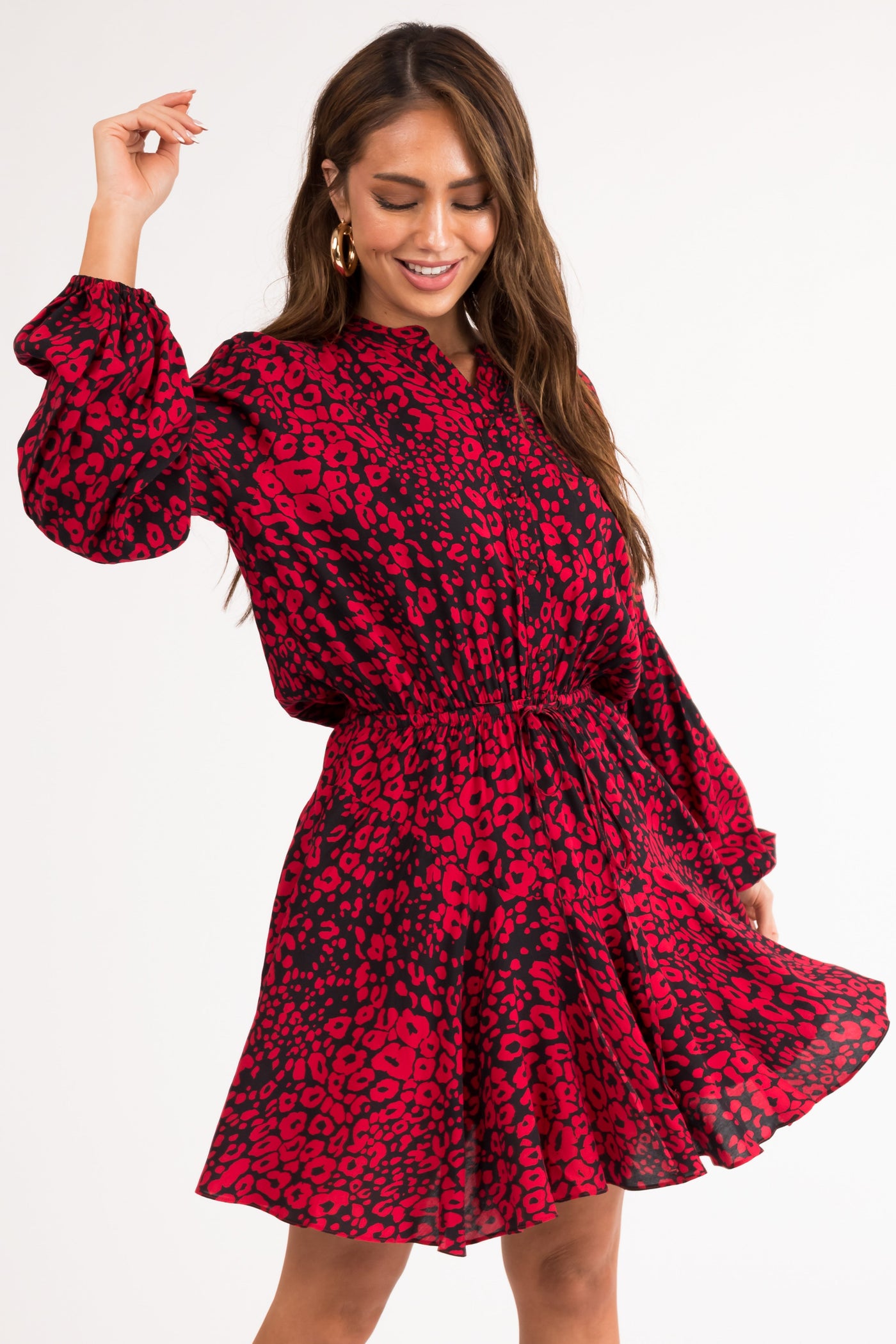 Black and Ruby Animal Print Button Mini Dress