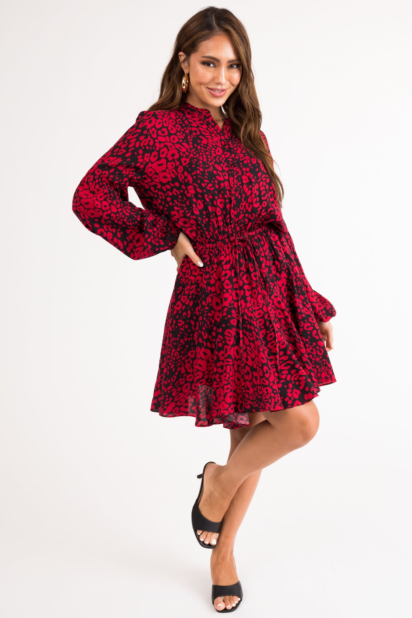 Black and Ruby Animal Print Button Mini Dress