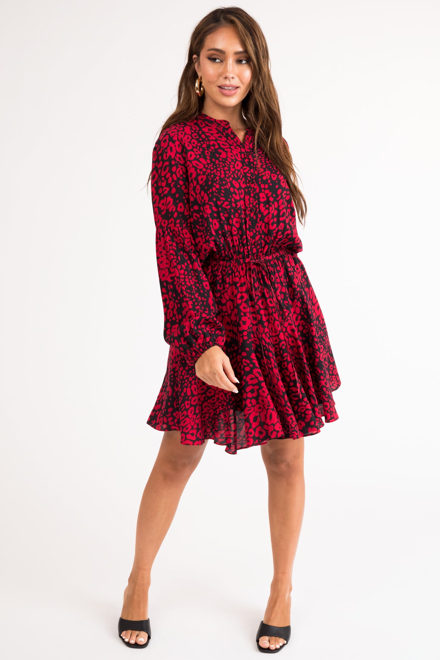 Black and Ruby Animal Print Button Mini Dress