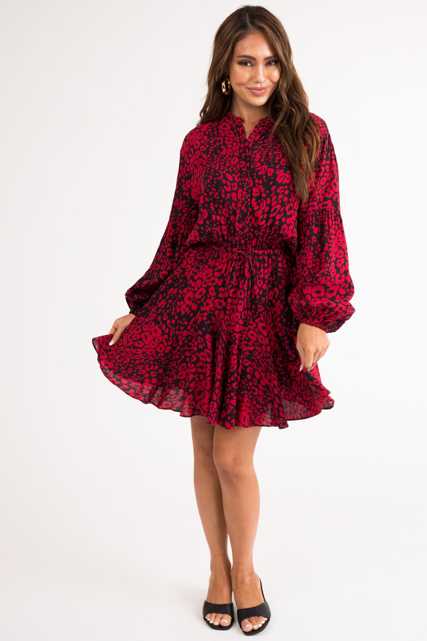 Black and Ruby Animal Print Button Mini Dress