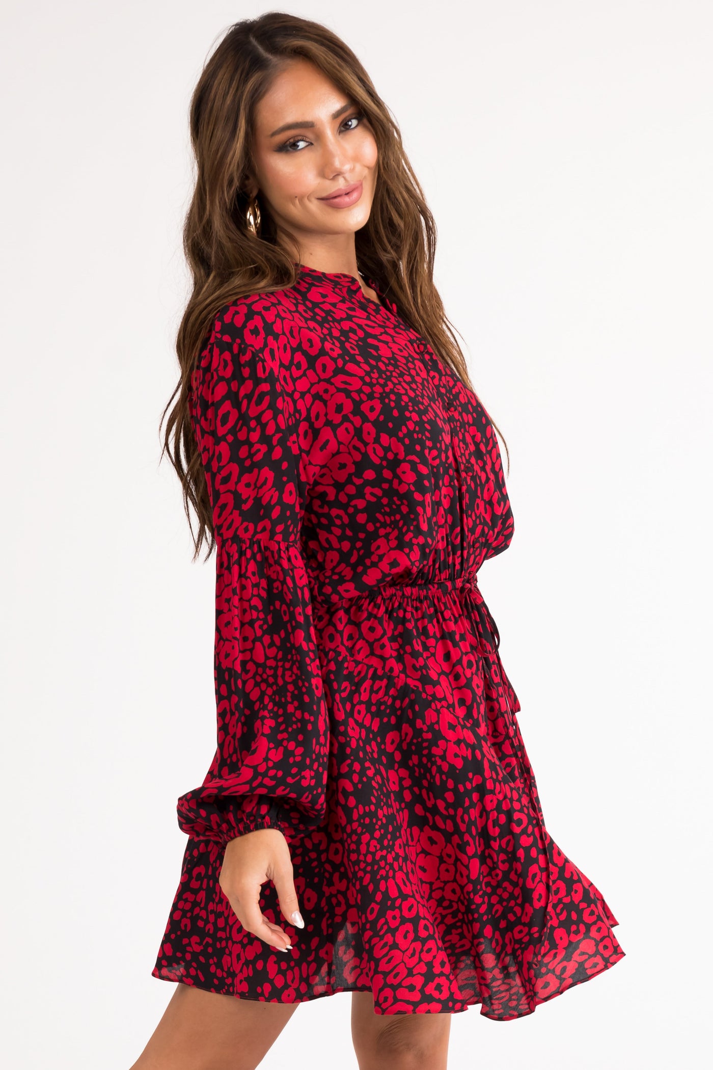 Black and Ruby Animal Print Button Mini Dress