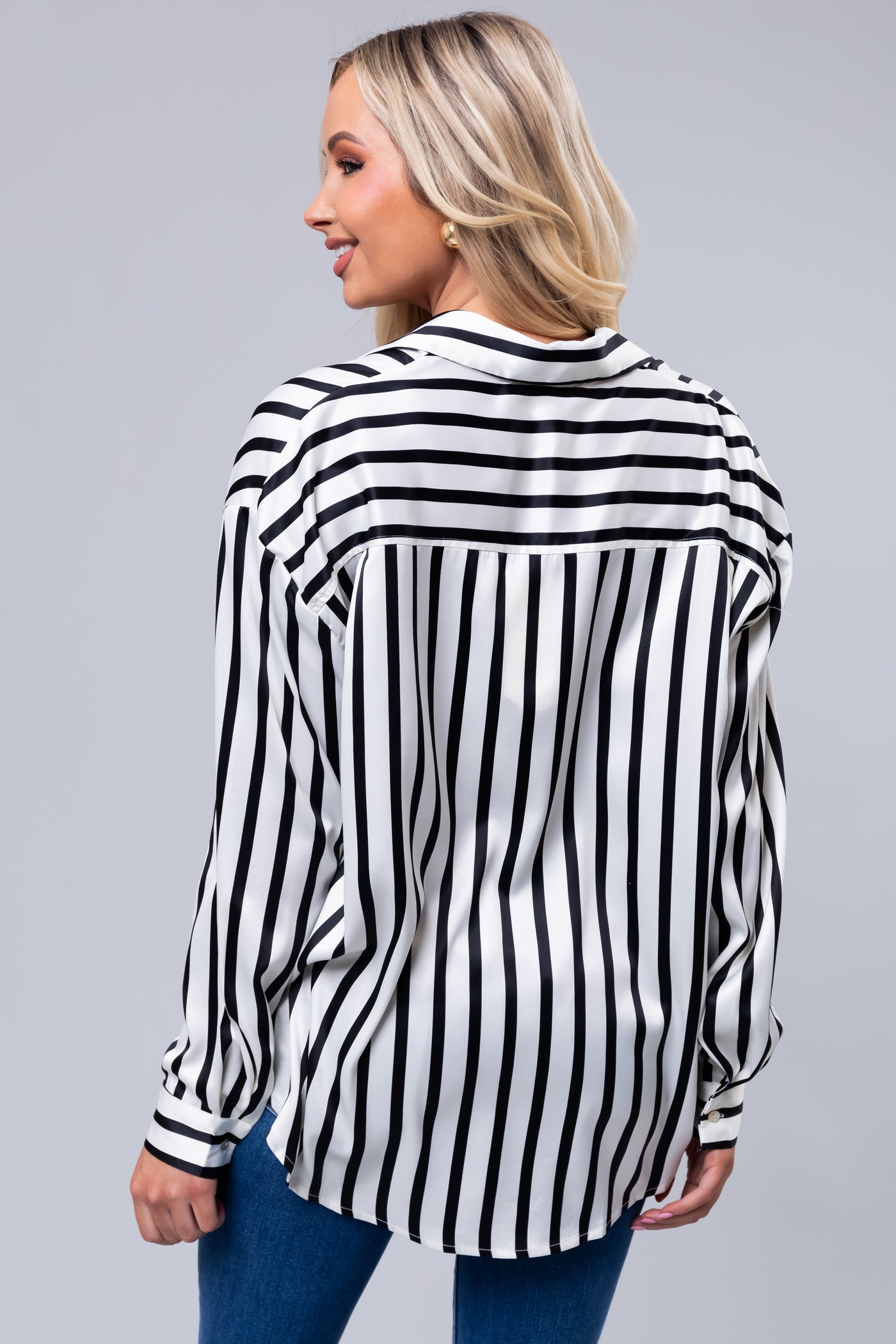 Black and Vanilla Striped Satin Long Sleeve Top