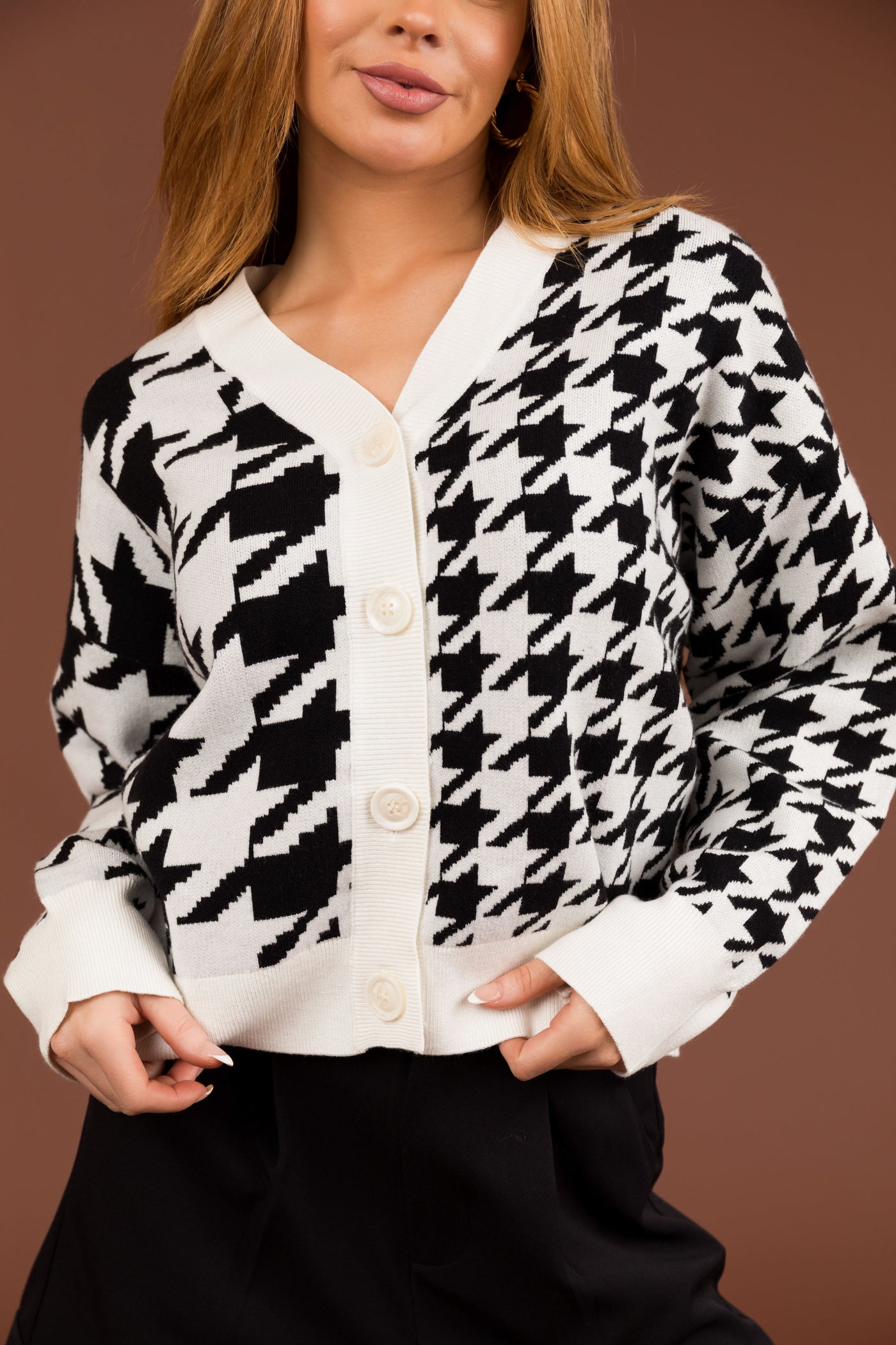Black and White Houndstooth Button Down Cardigan