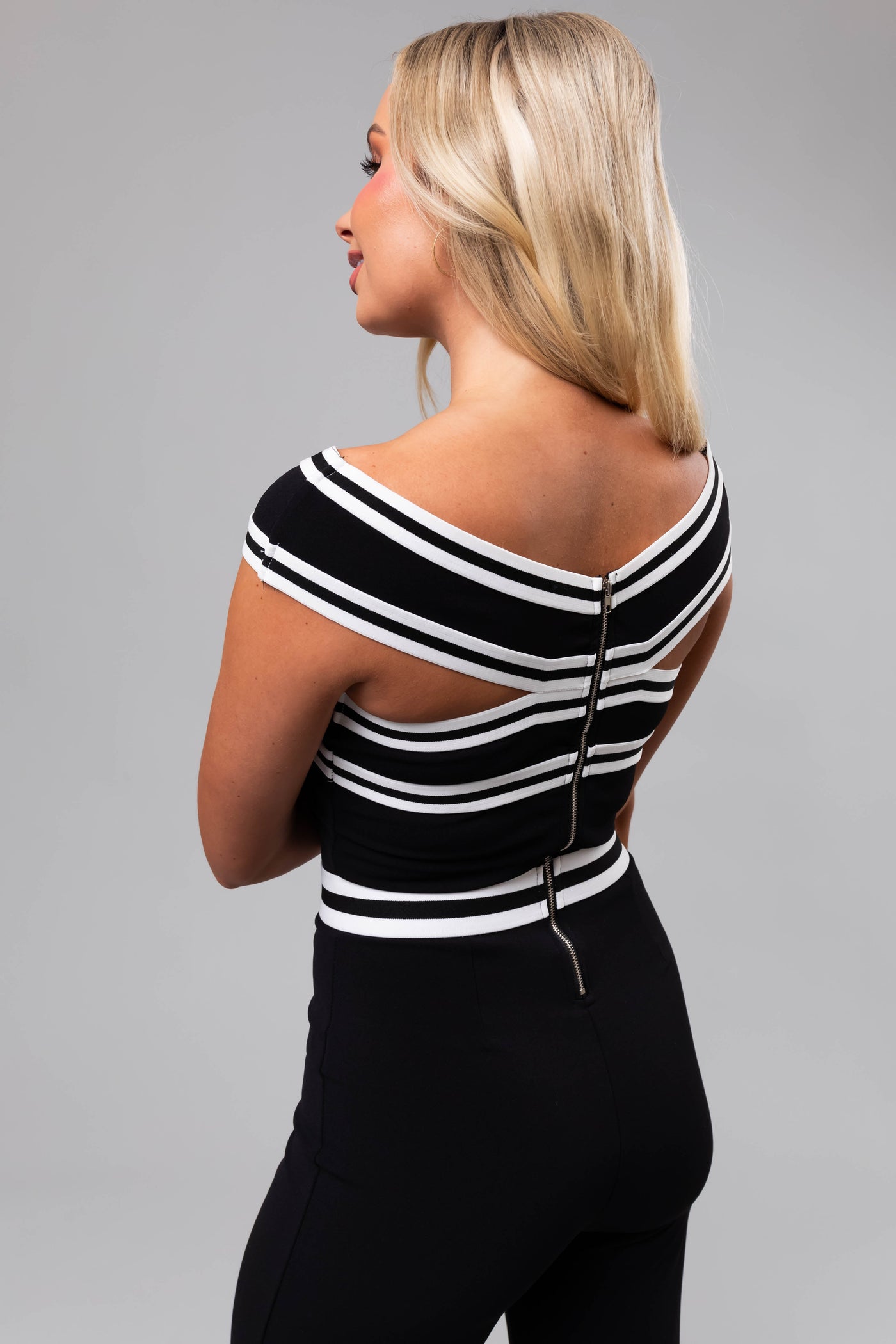 Black and White Off Shoulder Cross Detail Jumpsuit